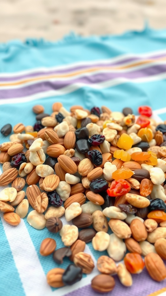 A colorful assortment of nuts, dried fruits, and treats on a beach towel