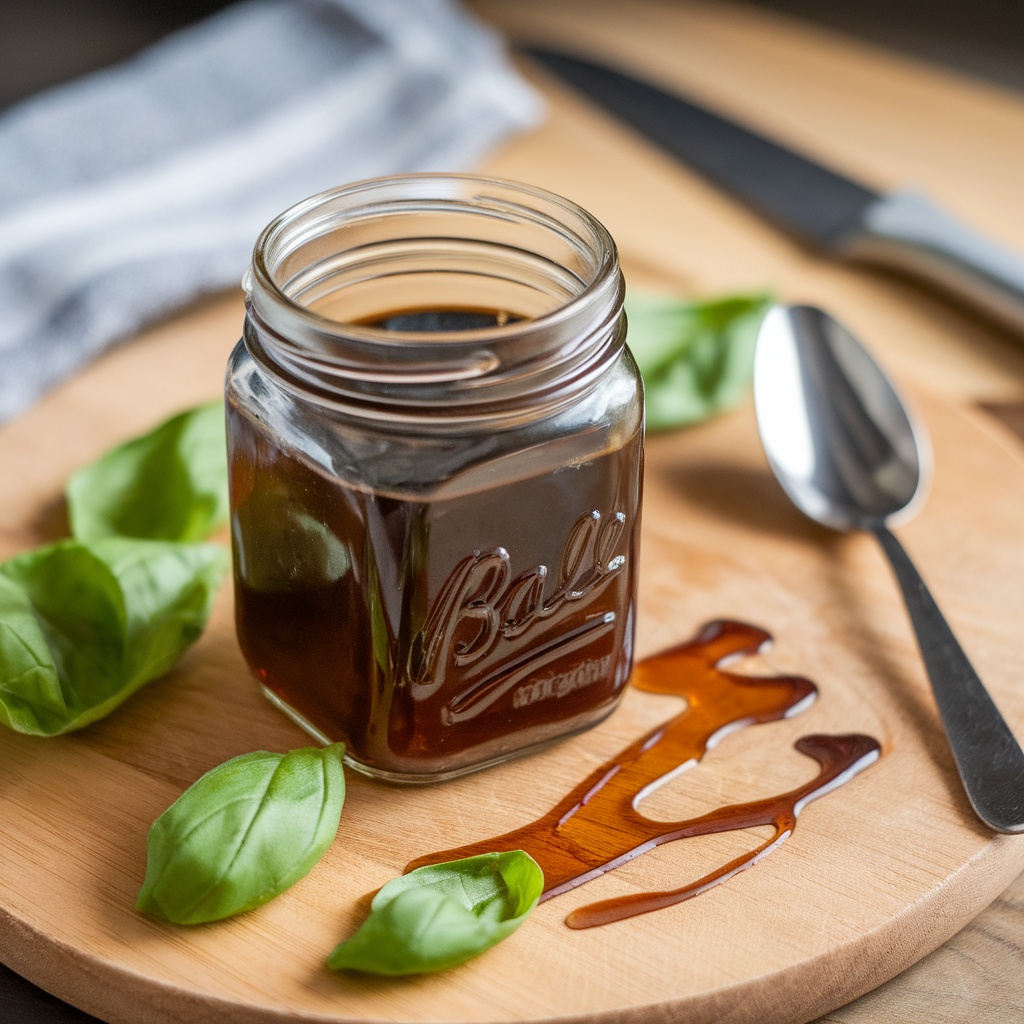 A jar of honey balsamic marinade on a wooden cutting board with fresh basil leaves beside it.