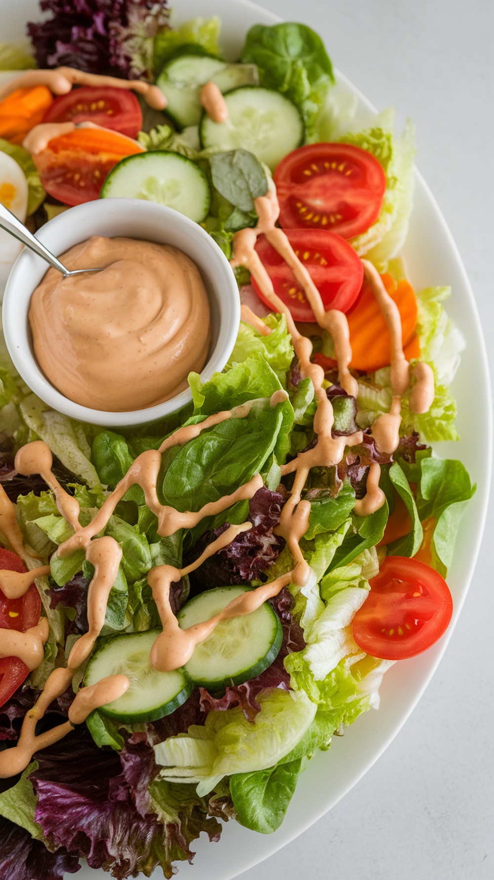 A colorful salad topped with honey mustard mayo, featuring greens, cucumbers, and sliced tomatoes.