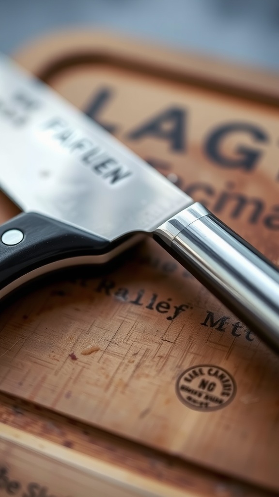 A close-up of a knife on a wooden chopping board, showing scratches and markings.