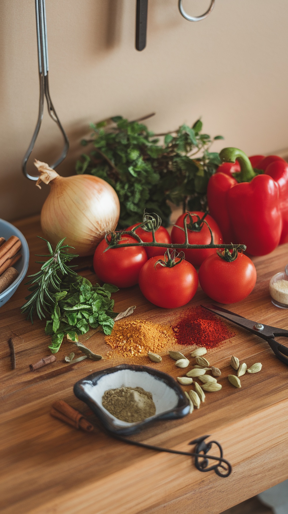 A variety of fresh ingredients and spices laid out on a wooden surface, ready for BBQ sauce preparation.