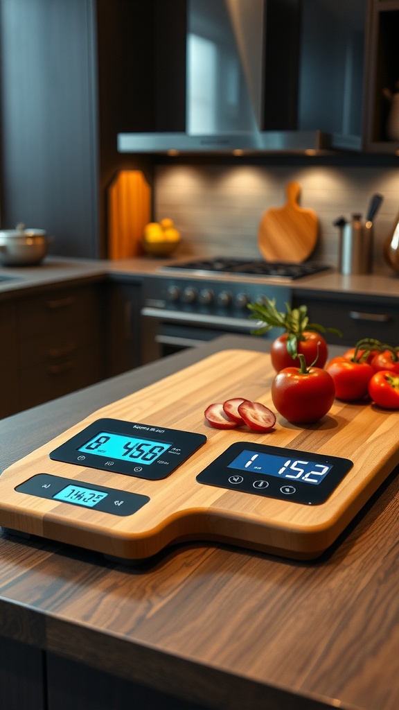 A modern chopping board with digital scales and timers, featuring tomatoes and sliced vegetables on a kitchen counter.