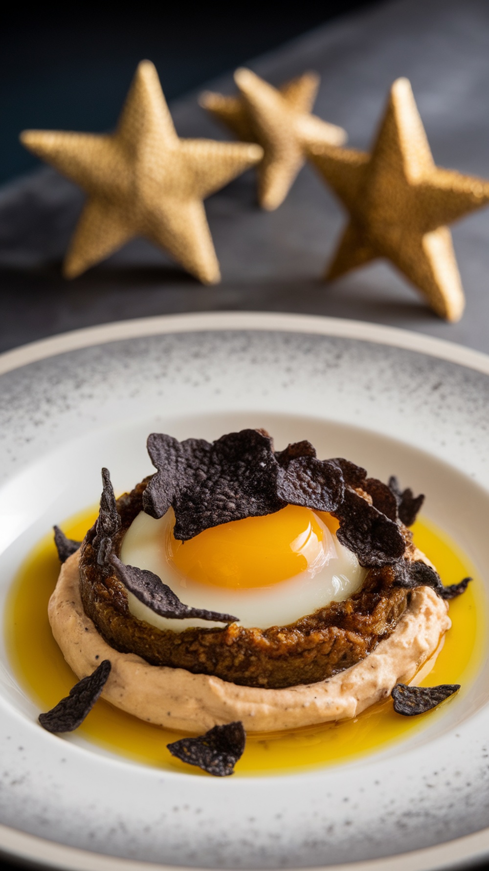 A gourmet dish featuring an egg yolk, black chips, and sauce, with golden stars in the background.