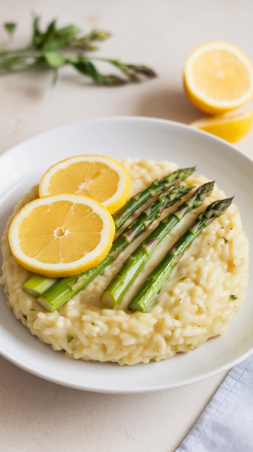 A plate of Lemon Asparagus Risotto topped with lemon slices and asparagus spears.