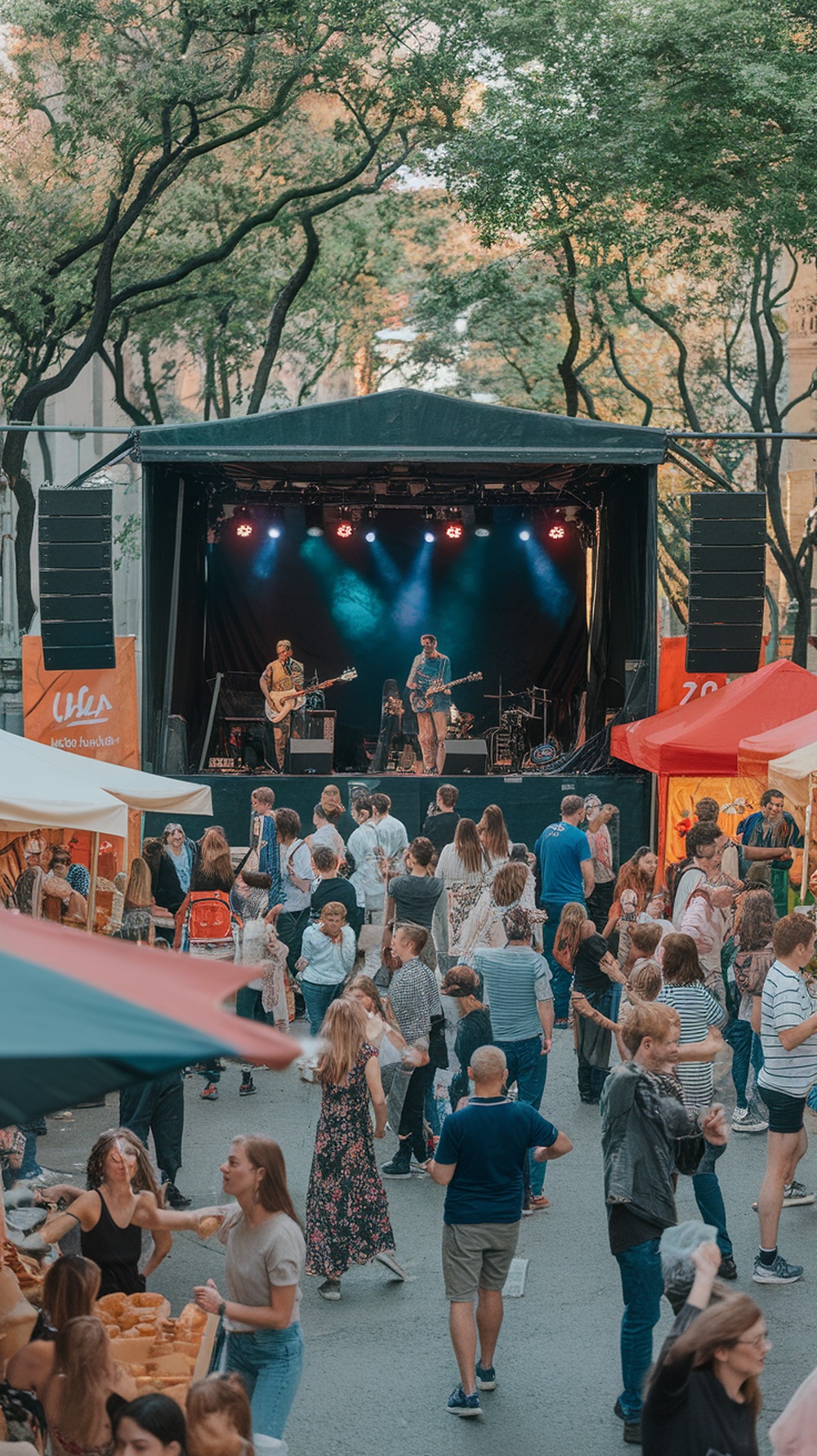 Crowd enjoying live music at a local food festival with food stalls in view