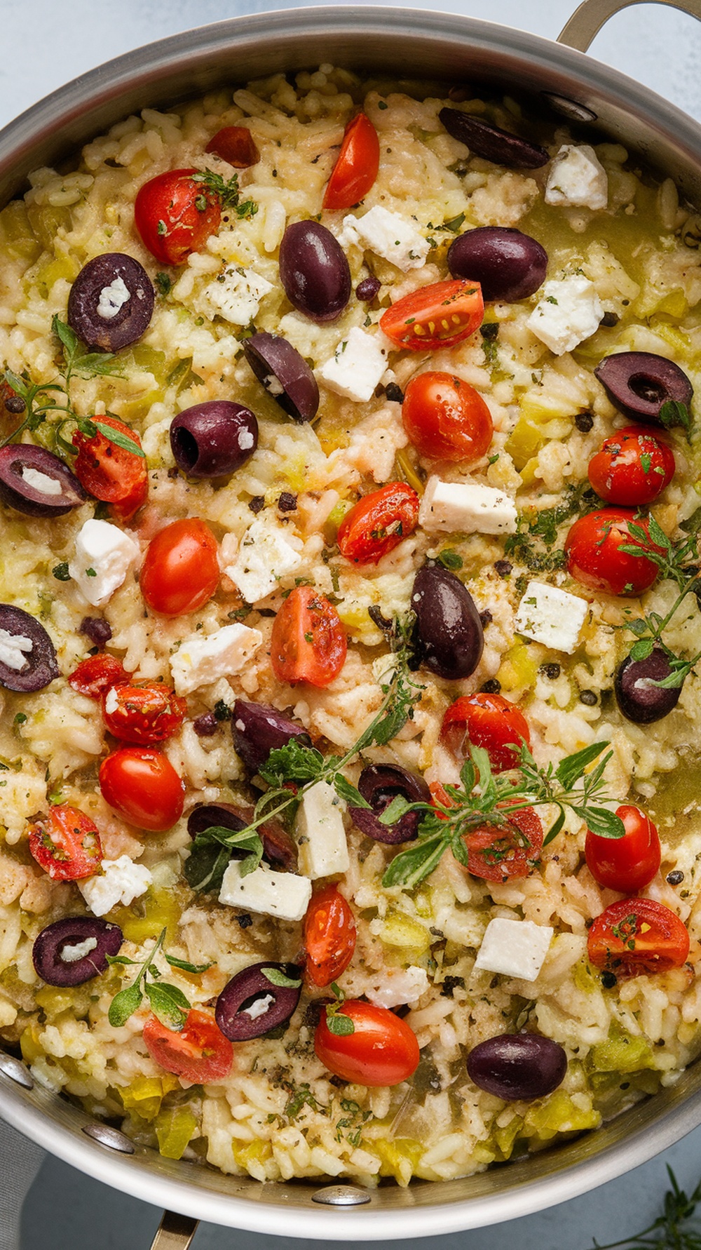 A pot of Mediterranean risotto with olives, cherry tomatoes, and feta cheese.