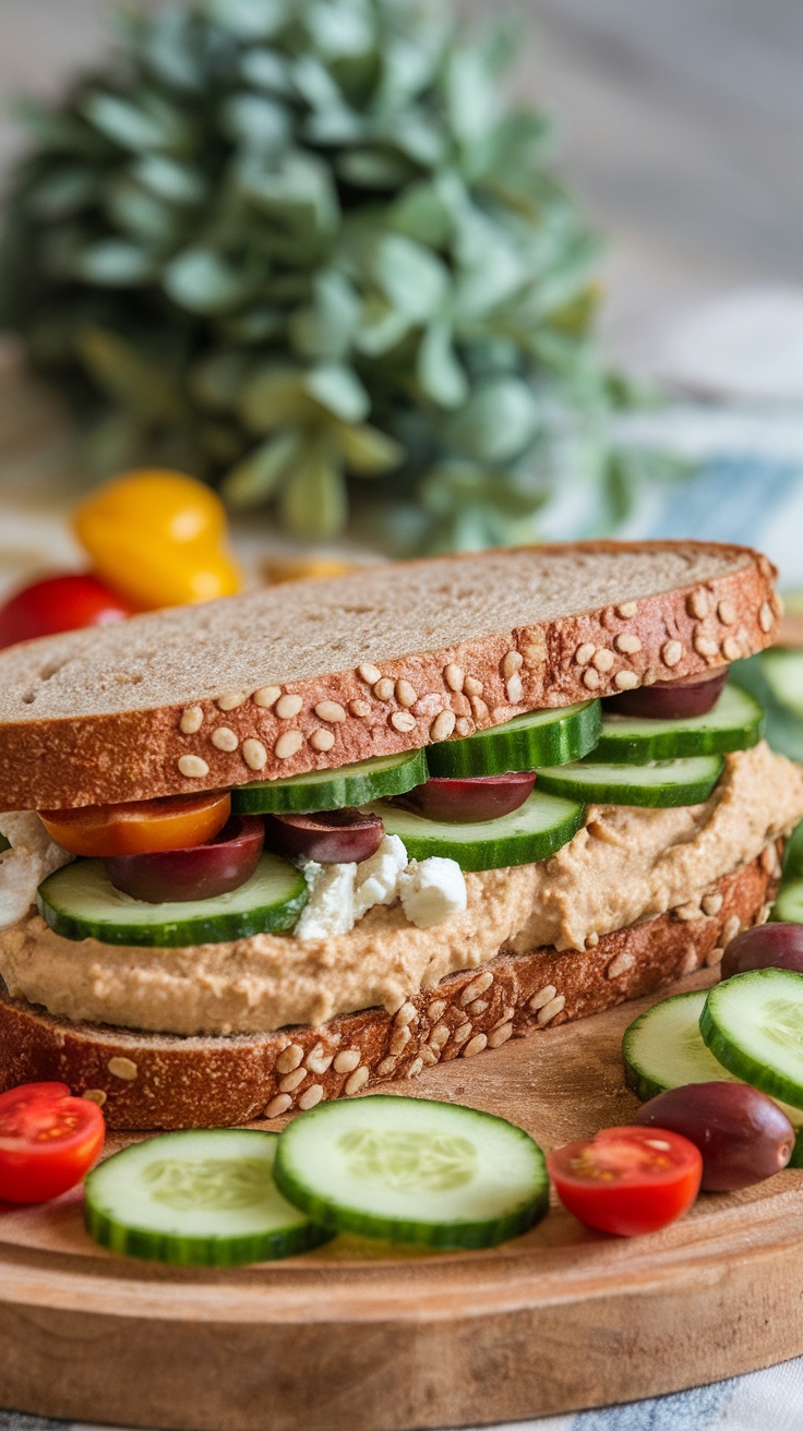 A Mediterranean veggie sandwich with cucumbers and tomatoes on sesame seed bread