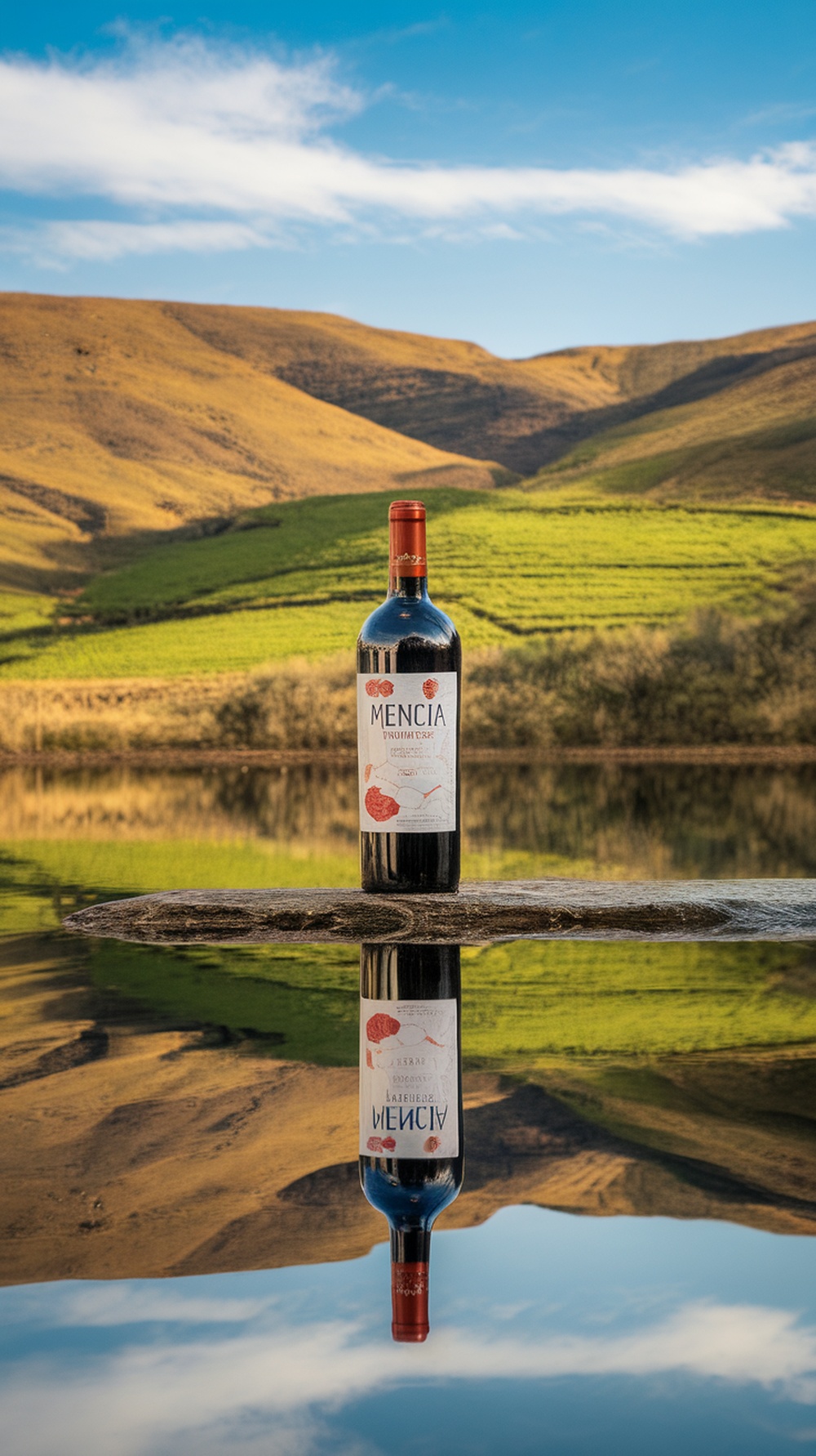 A bottle of Mencia wine reflecting in a serene lake with hills in the background.