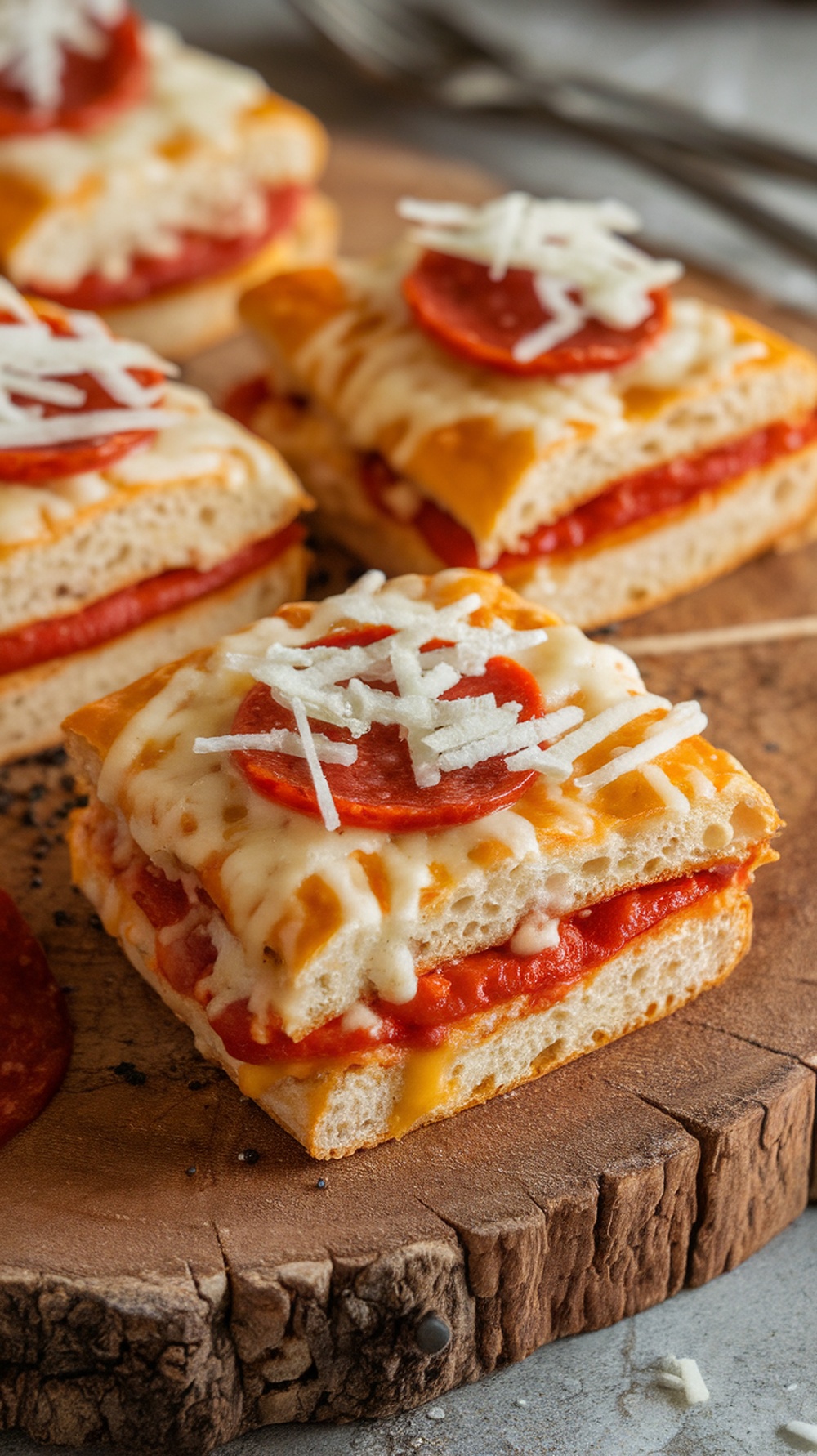 Mini pizza sandwiches made with bread, cheese, pepperoni, and pizza sauce.