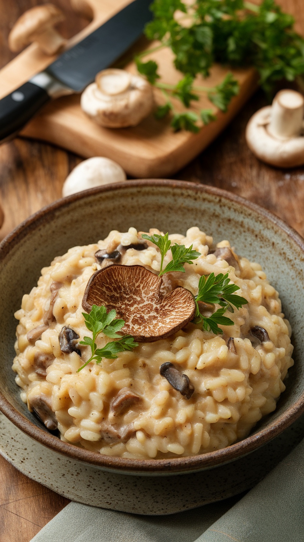 A bowl of mushroom and truffle risotto with a garnish of parsley and dried mushroom slice, set on a wooden table with mushrooms and a knife in the background.