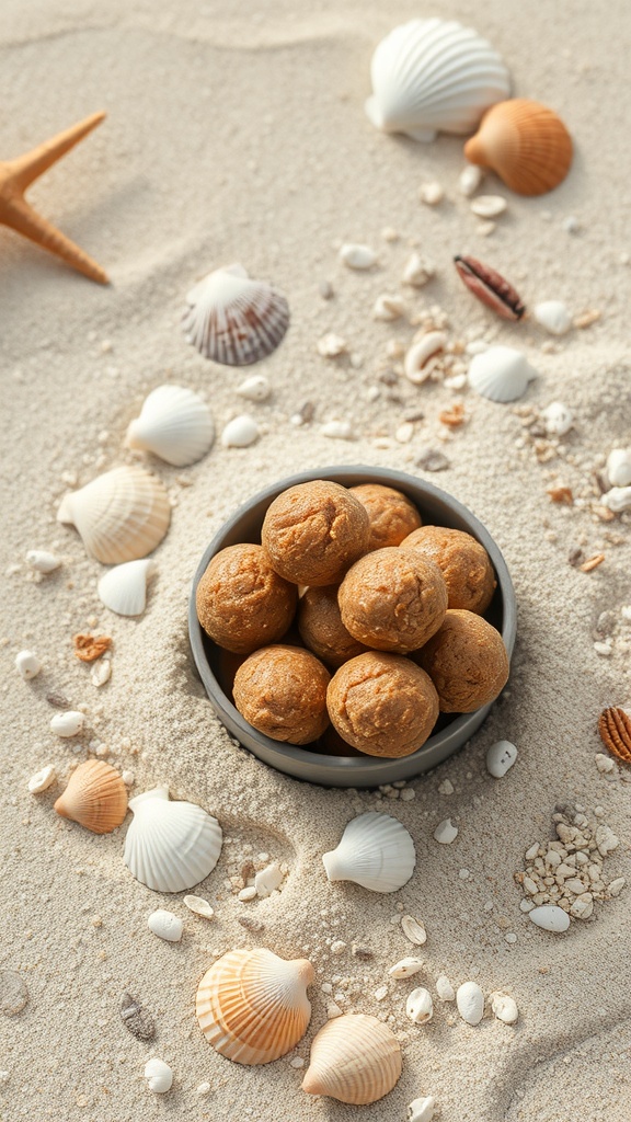 Nut butter energy bites in a bowl with seashells on the sand