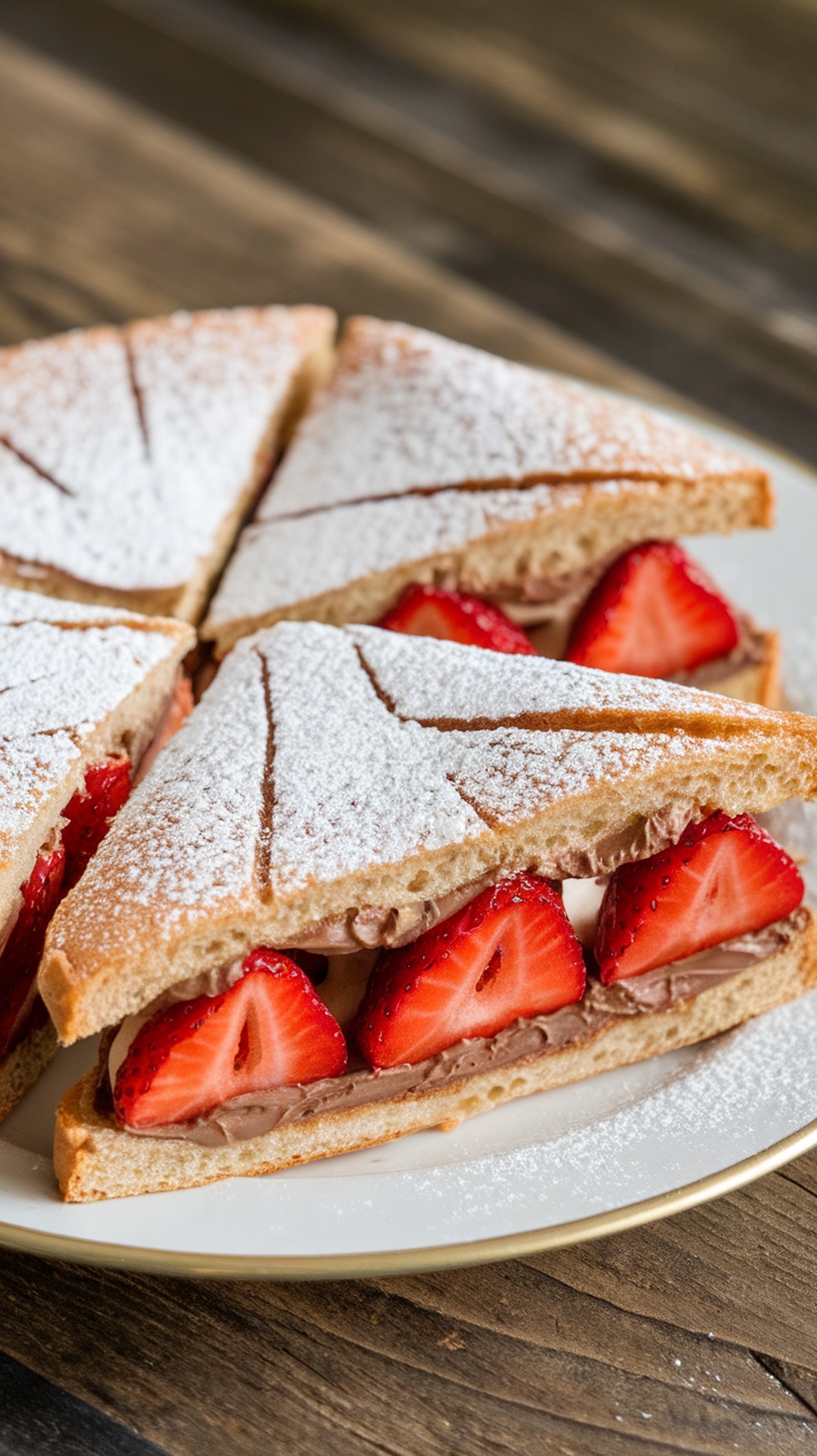 Nutella and strawberry swirls sandwich sliced into triangles, dusted with powdered sugar.