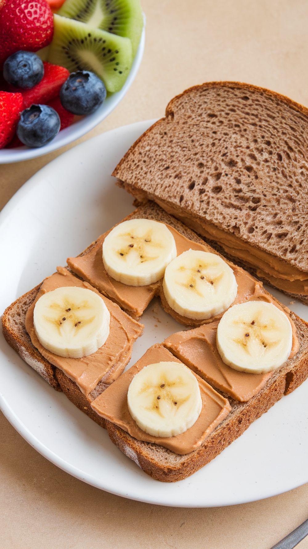 A peanut butter and banana sandwich on whole grain bread, with fresh fruit in the background.
