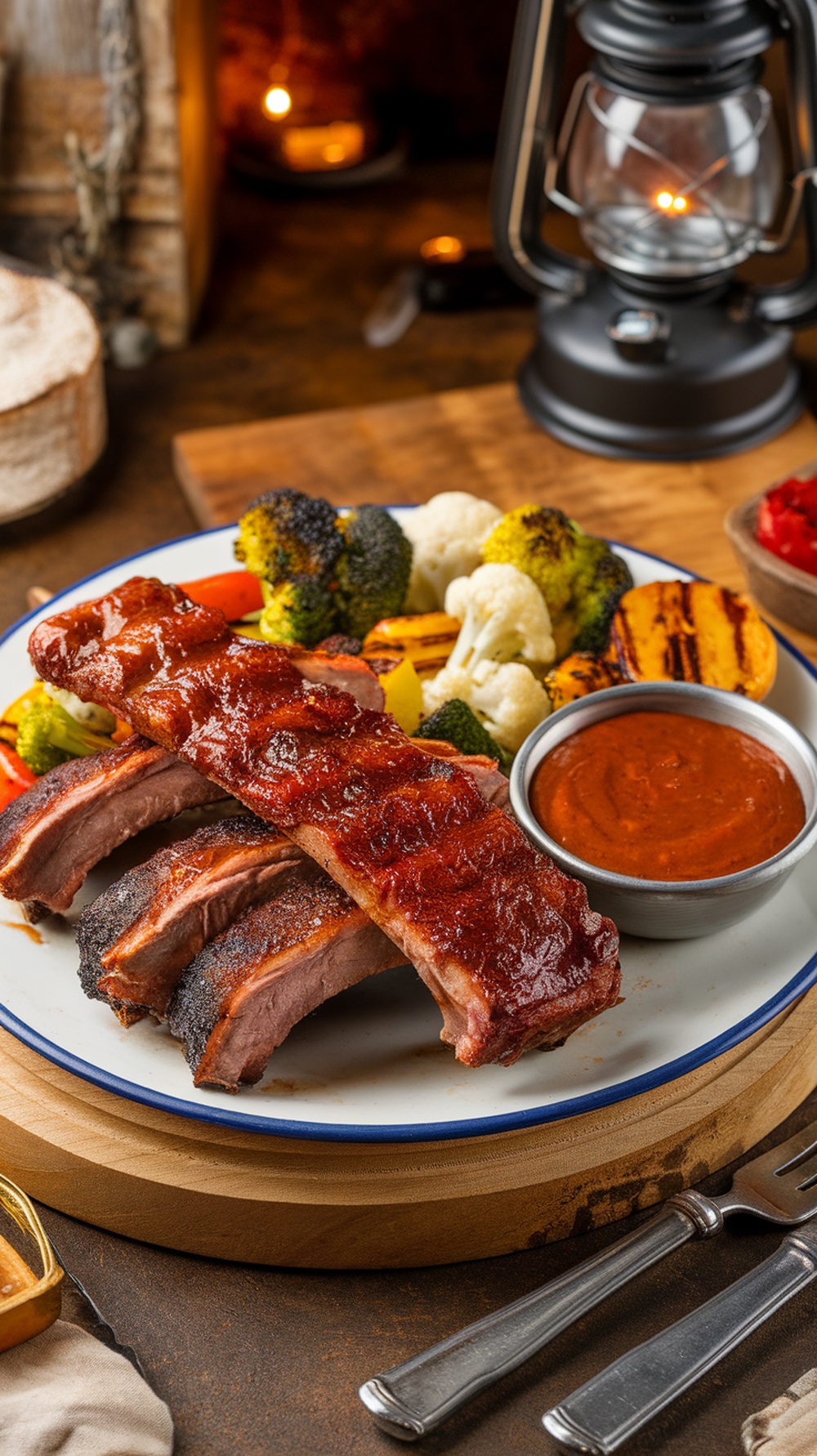Delicious BBQ ribs with assorted grilled vegetables and a side of BBQ sauce
