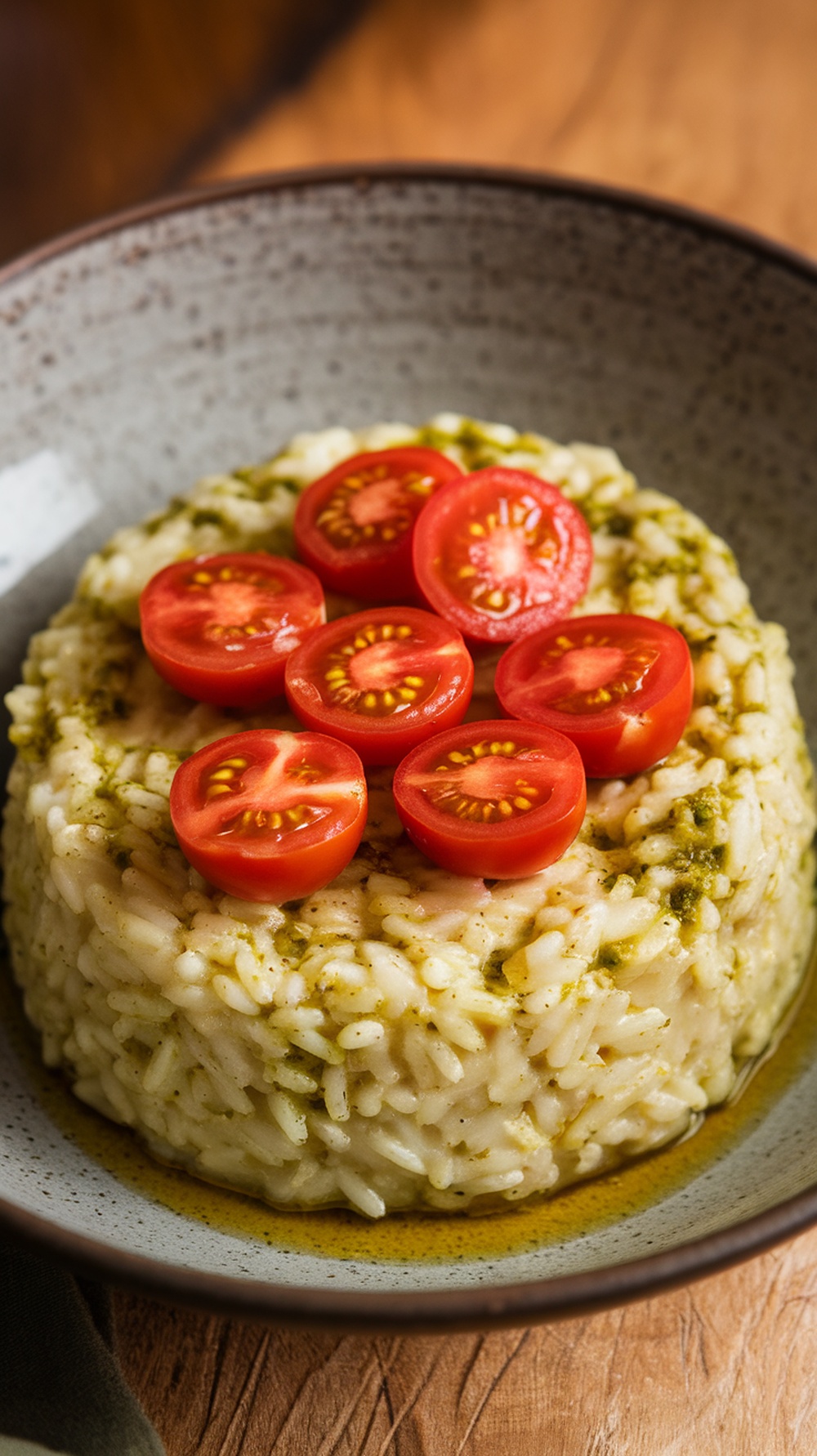 A bowl of pesto risotto topped with sliced cherry tomatoes.