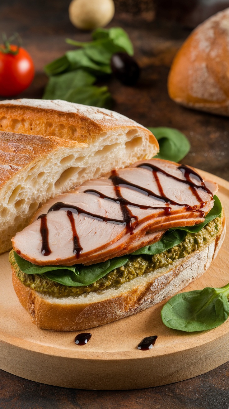 A Pesto Turkey and Spinach Sandwich on a wooden plate.