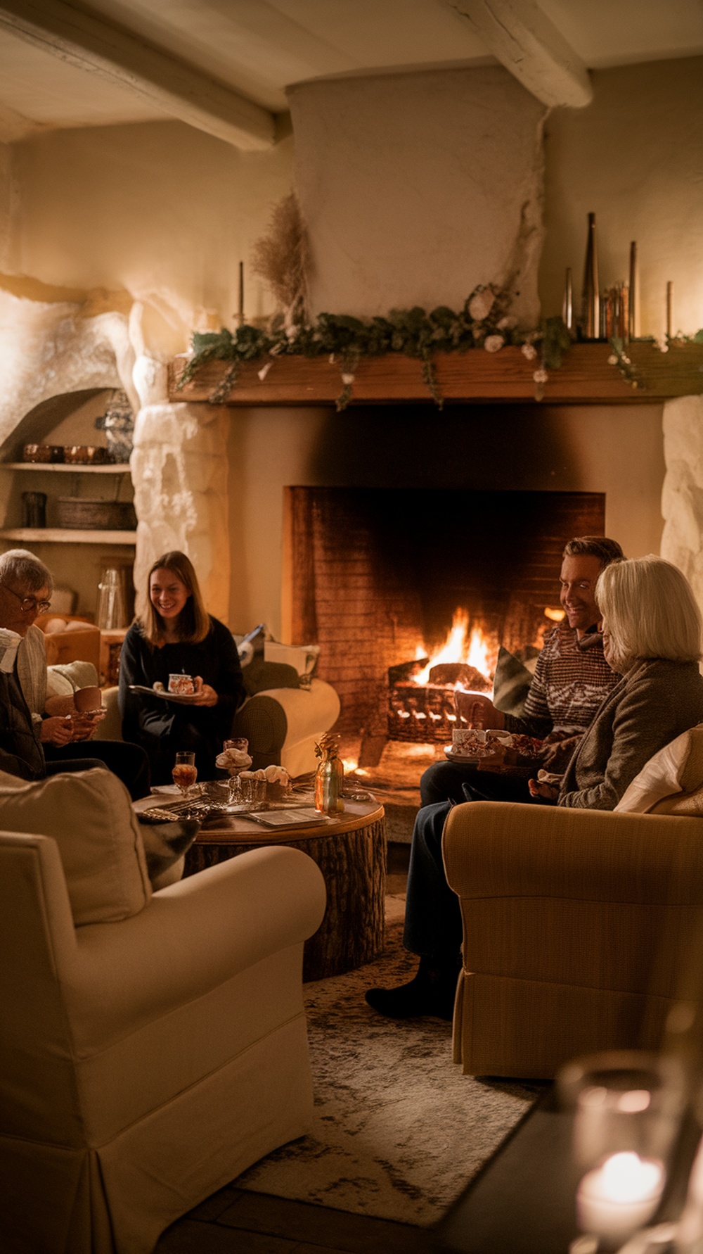A cozy living room with a fireplace where friends are enjoying drinks and conversation after dinner.