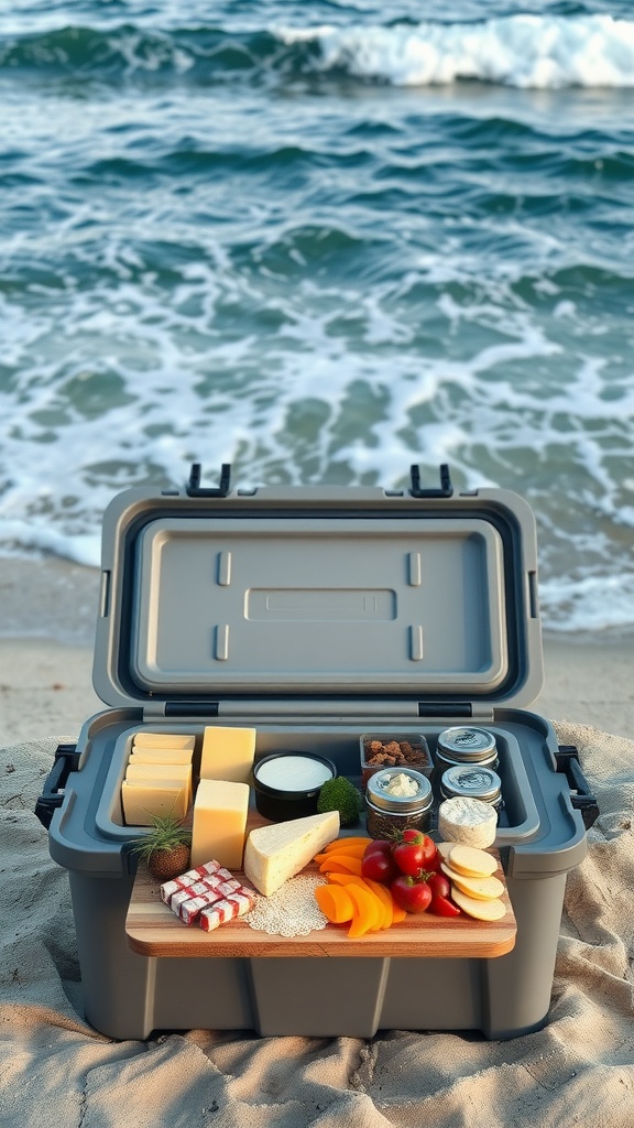 A portable cheese and charcuterie board displayed in a cooler on the beach, featuring cheeses, meats, fruits, and nuts.