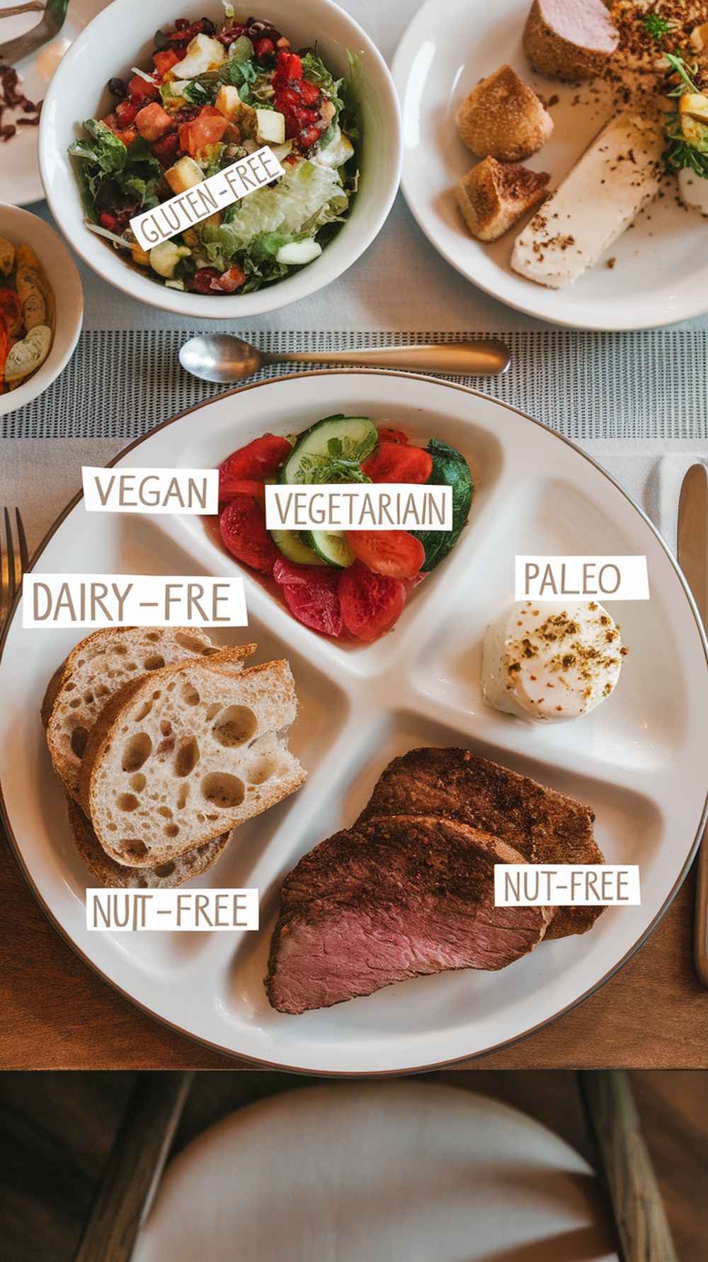 Dinner plates with dietary restrictions labeled: Gluten-free, Vegan, Vegetarian, Dairy-free, Paleo, Nut-free.