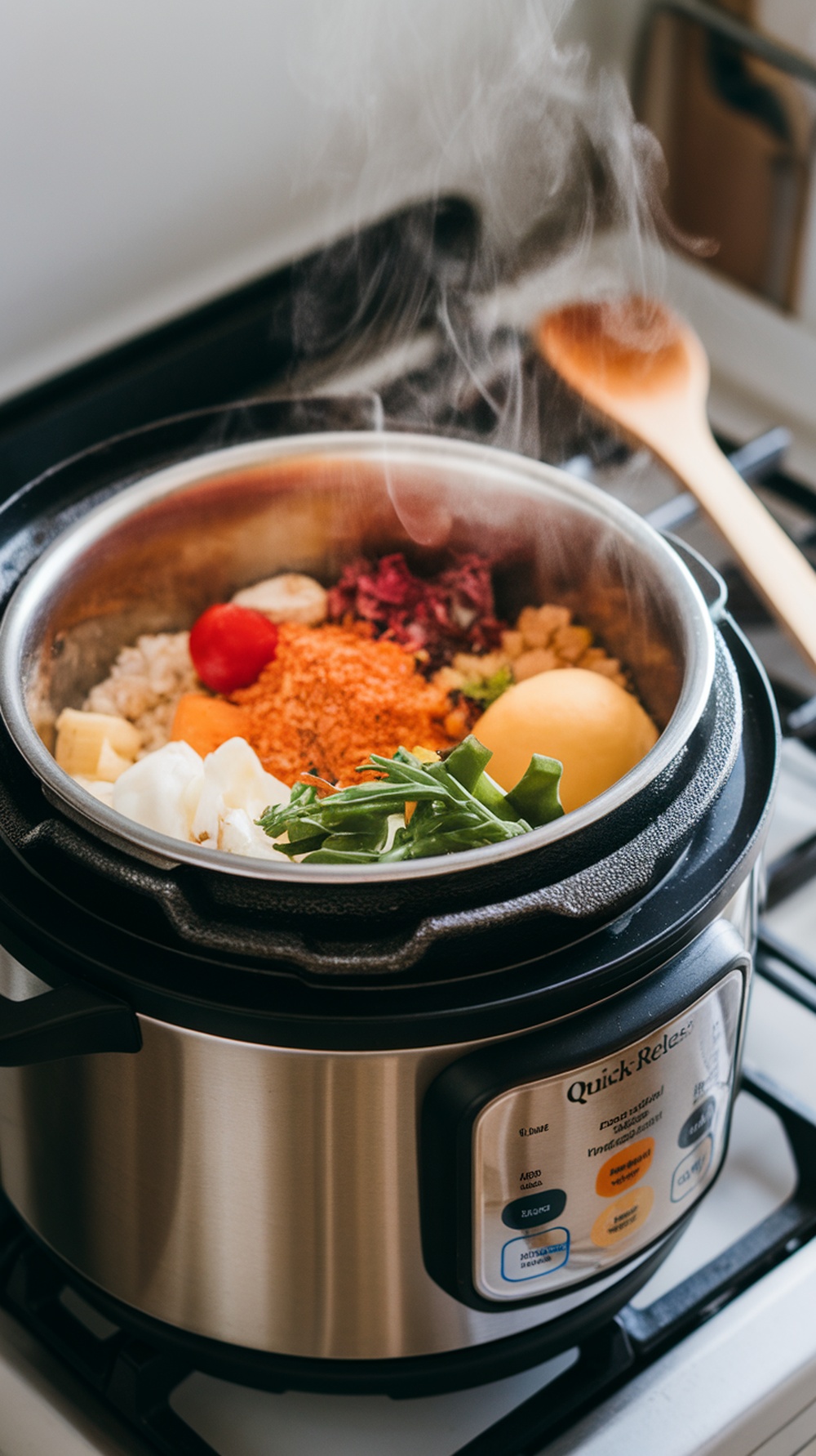 A quick-release pressure cooker with ingredients cooking inside, showing steam rising.