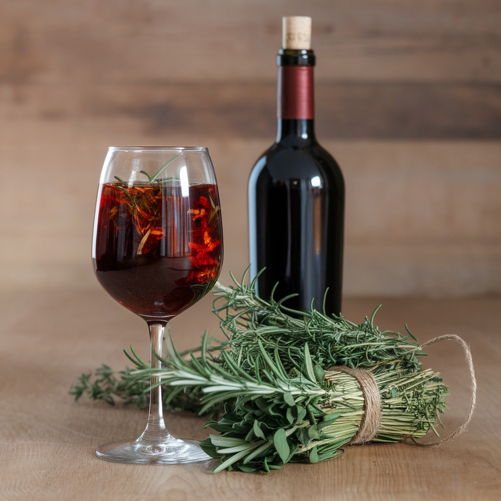 A glass of red wine with herbs and a bottle of red wine in the background.