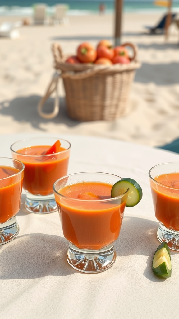 Refreshing gazpacho cups on a beach table with a basket of tomatoes in the background.