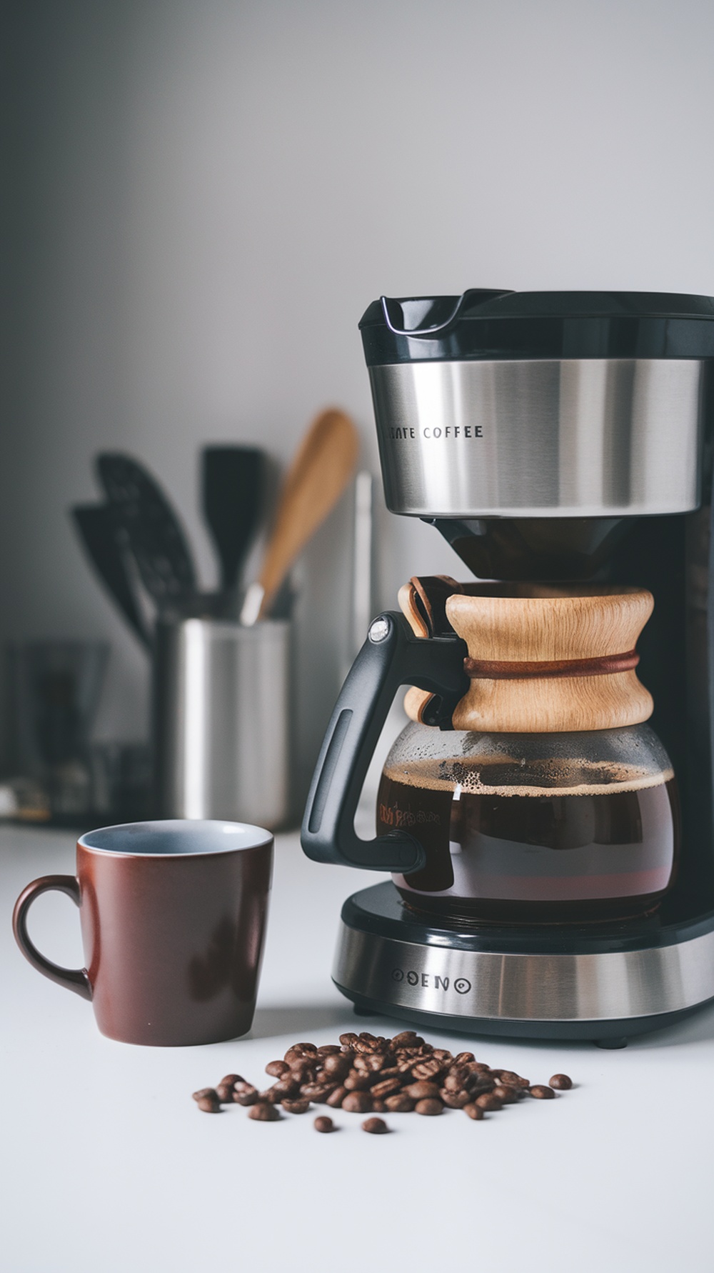 A coffee maker with a wooden handle brewing coffee beside a cup and scattered coffee beans.