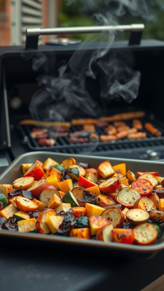 A tray of roasted vegetable medley with zucchini, bell peppers, and onions, steaming in front of a grill.
