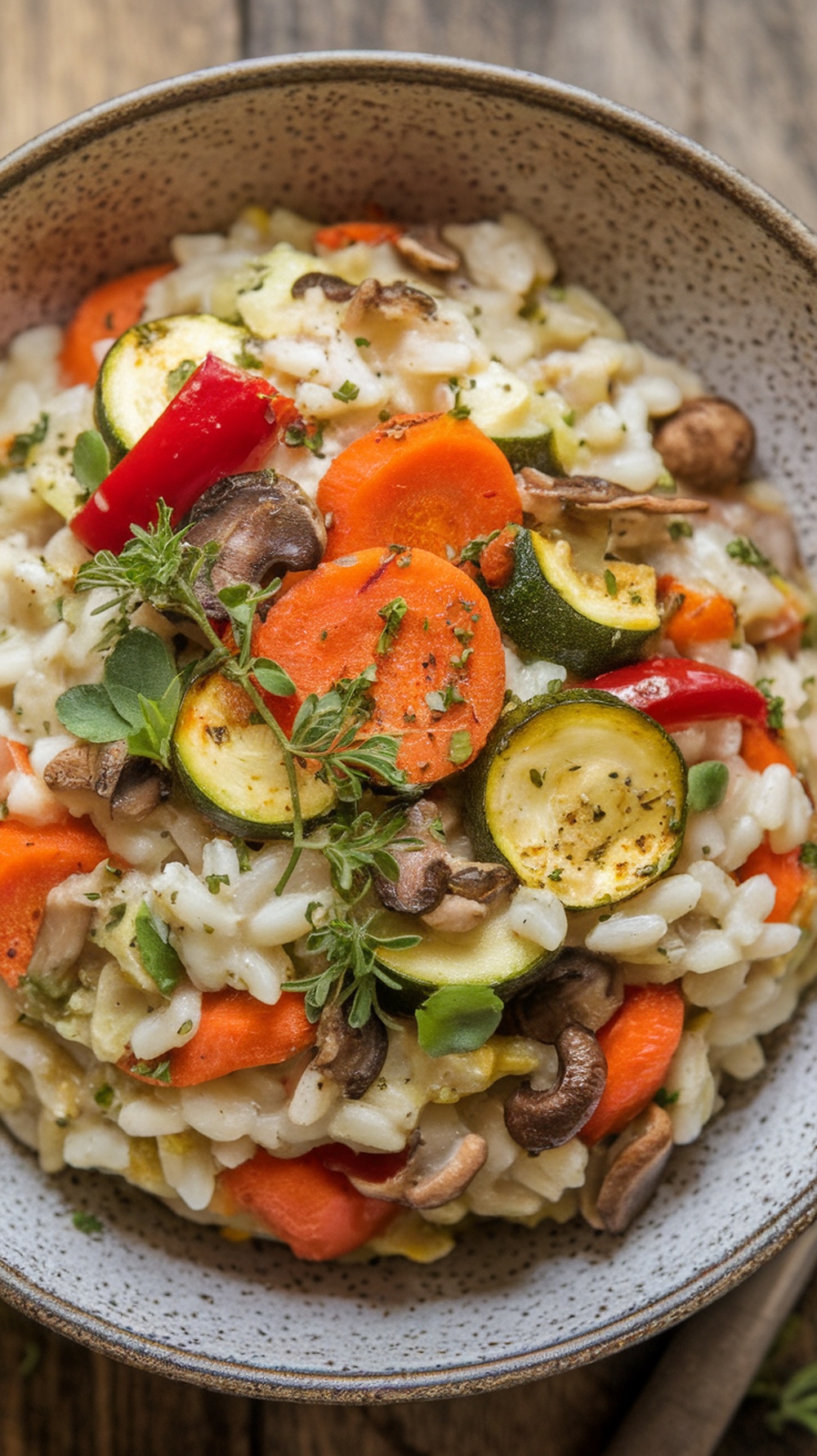 A bowl of roasted vegetable risotto with colorful vegetables on top.