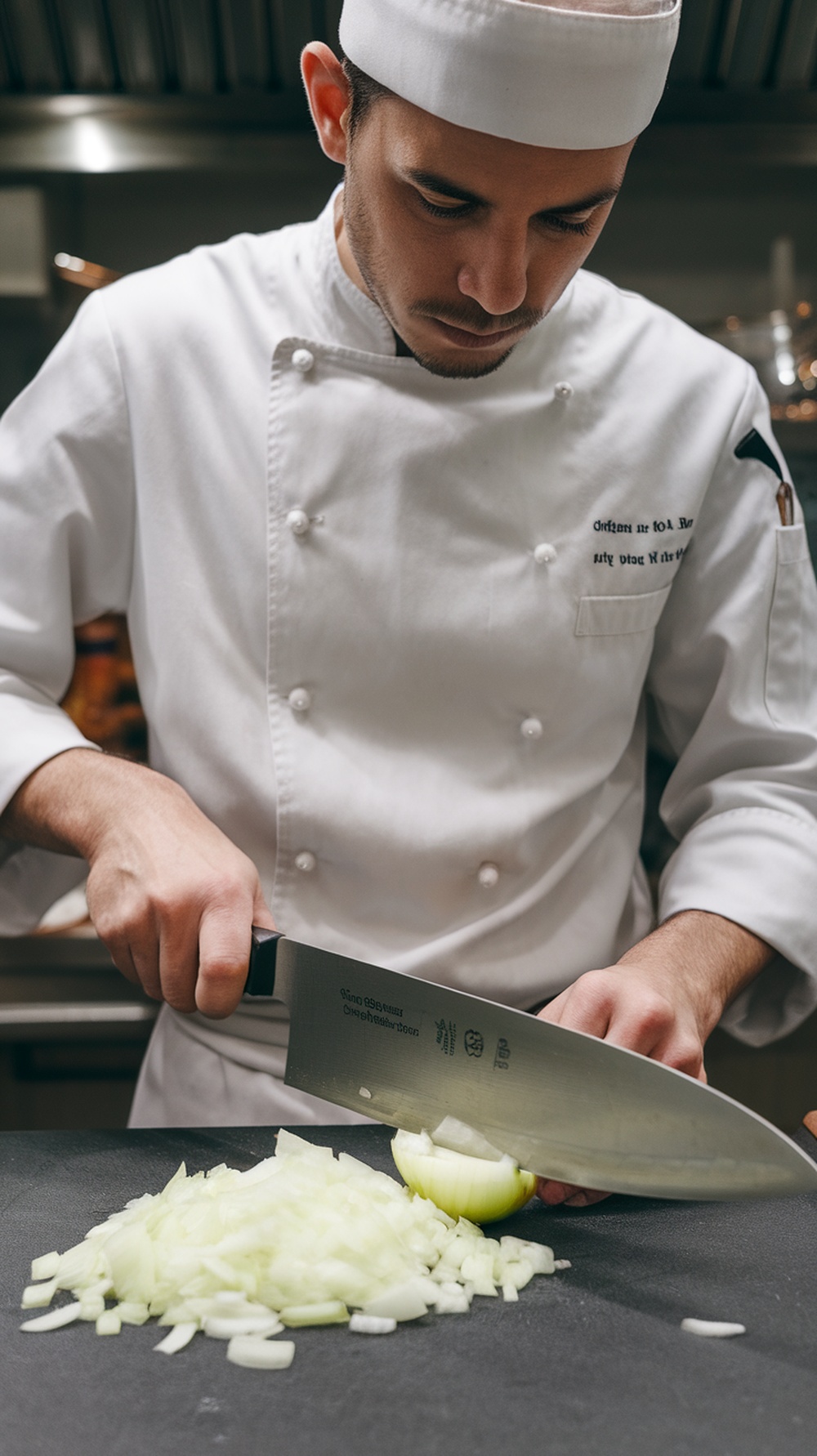 A chef slicing onions carefully in a kitchen setting.