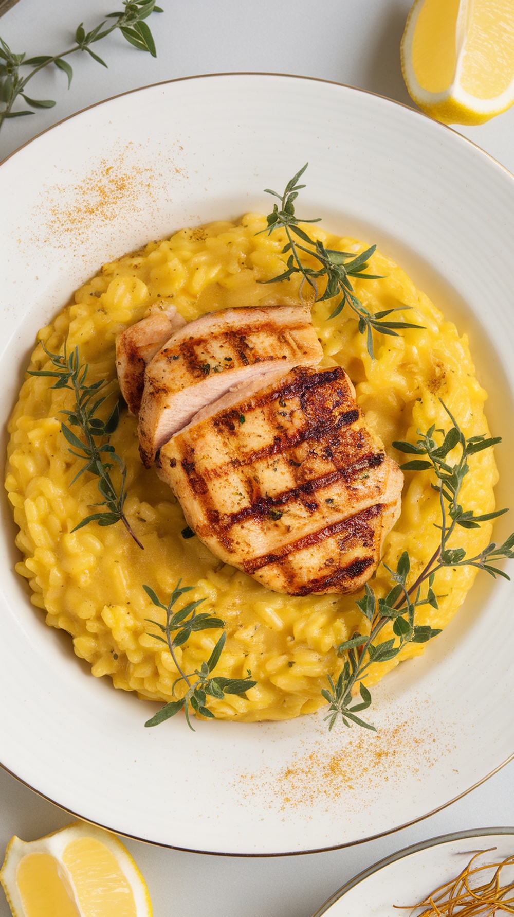 A plate of saffron risotto topped with grilled chicken and garnished with fresh herbs and a lemon wedge.