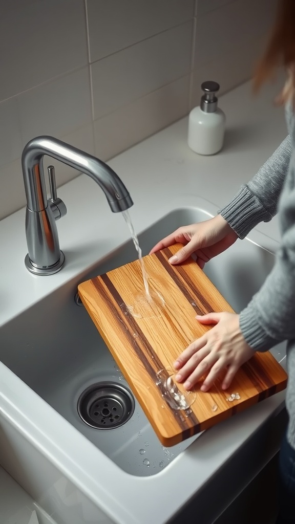 A person washing a wooden chopping board under running water at a sink.