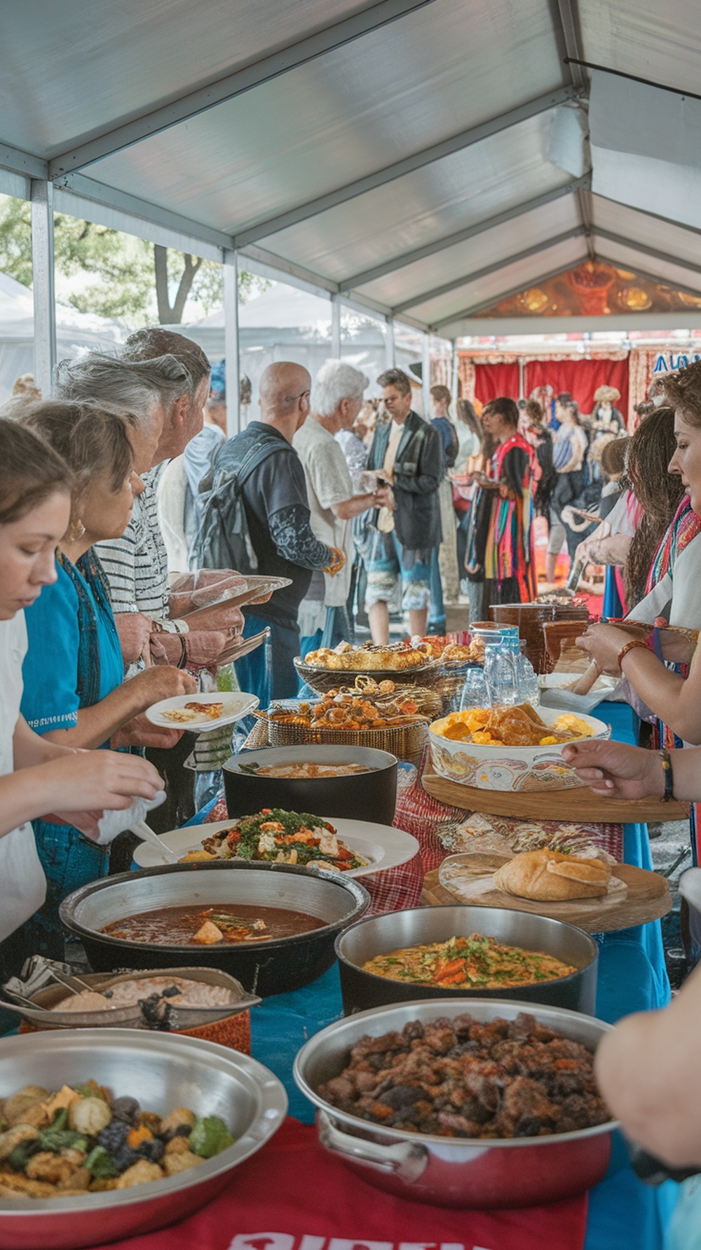 A food festival featuring diverse dishes being served to attendees in a tent.