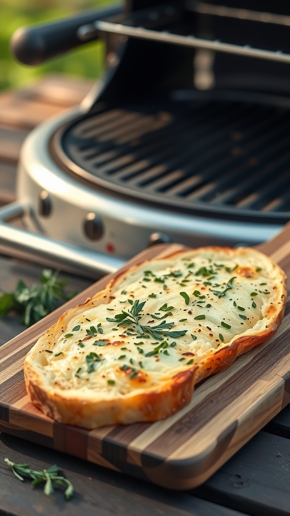 Delicious garlic bread topped with herbs on a wooden cutting board, with a grill in the background.