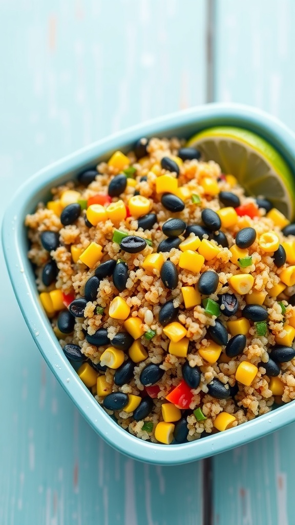 A bowl of savory quinoa salad with black beans, corn, and colorful bell peppers, garnished with lime.