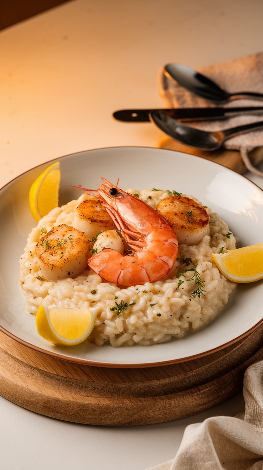 A plate of creamy seafood risotto topped with shrimp and scallops, garnished with lemon wedges.