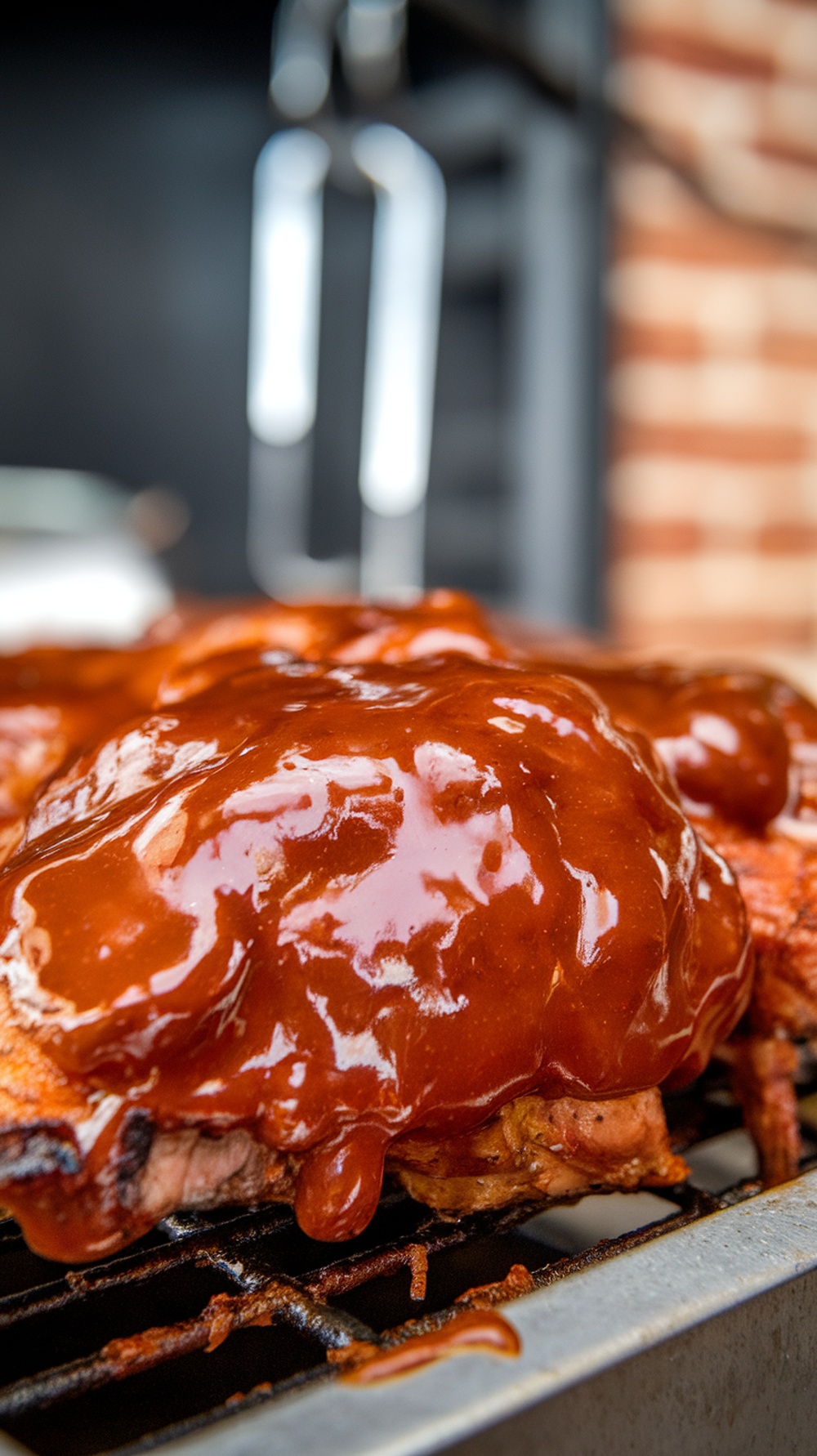 A close-up view of BBQ sauce dripping on grilled meat, showcasing a glossy texture.
