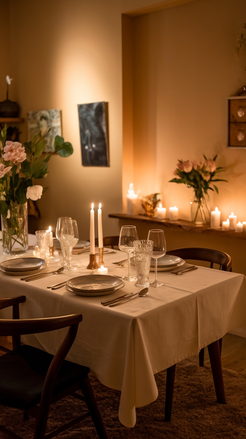 A beautifully set dinner table with soft candles and flowers