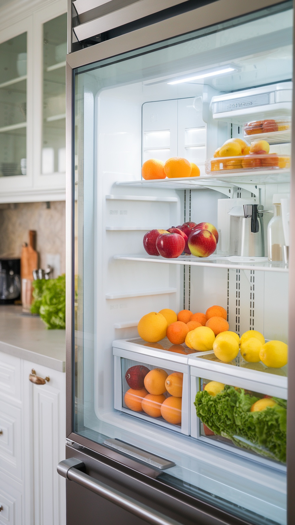 Interior view of a smart refrigerator filled with colorful fruits and vegetables.