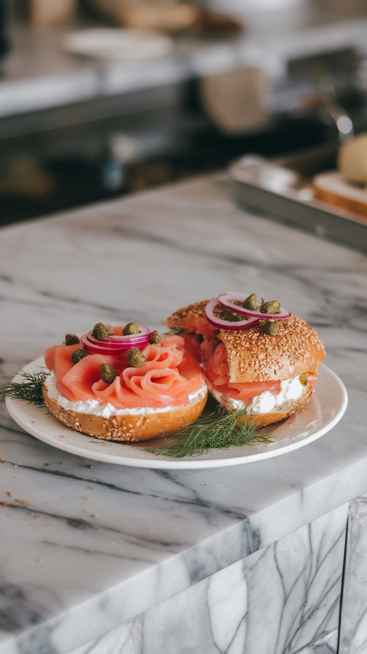 A smoked salmon and cream cheese bagel with capers and red onion on a marble table.