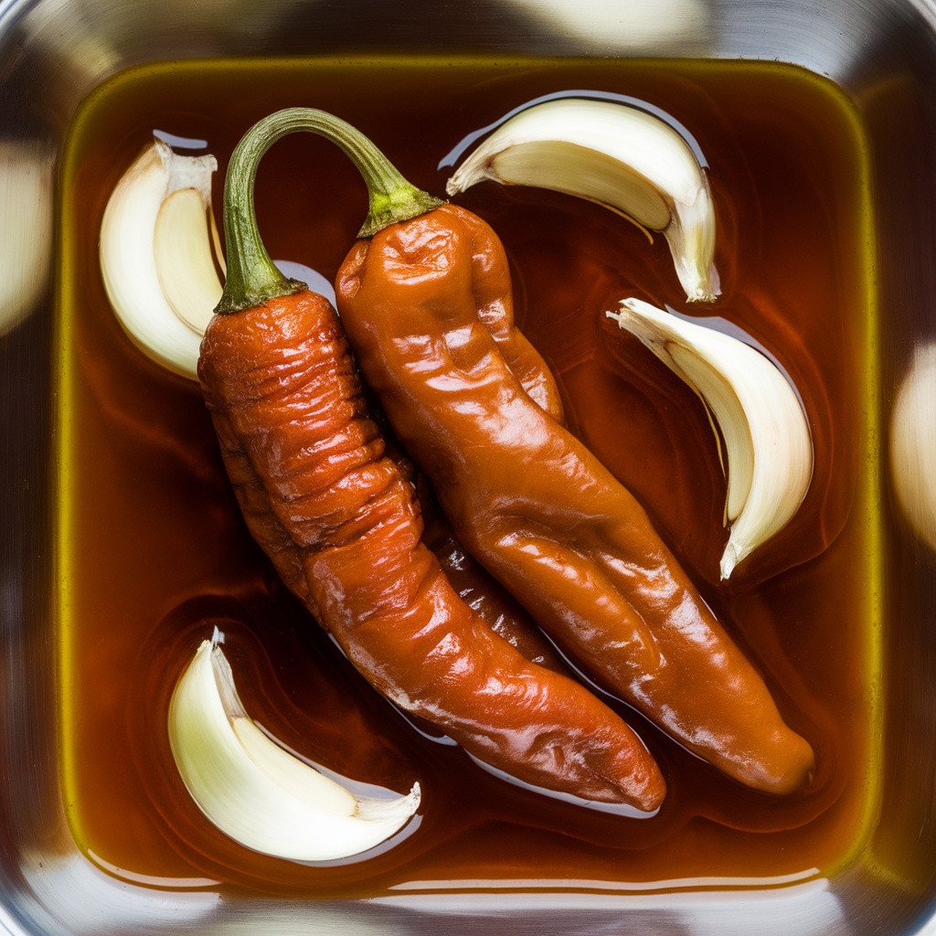 A close-up view of chipotle peppers and garlic cloves in a marinade.