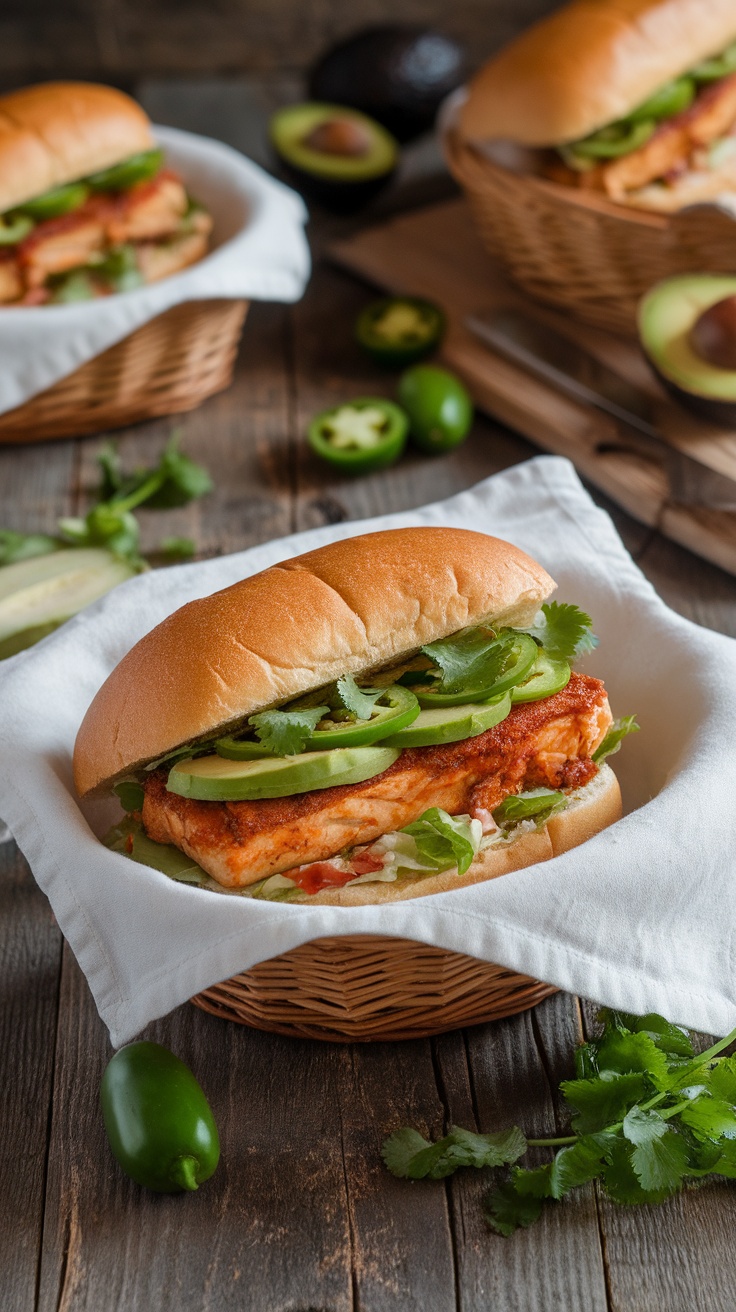A spicy chipotle chicken sandwich with jalapeños and avocado in a basket.