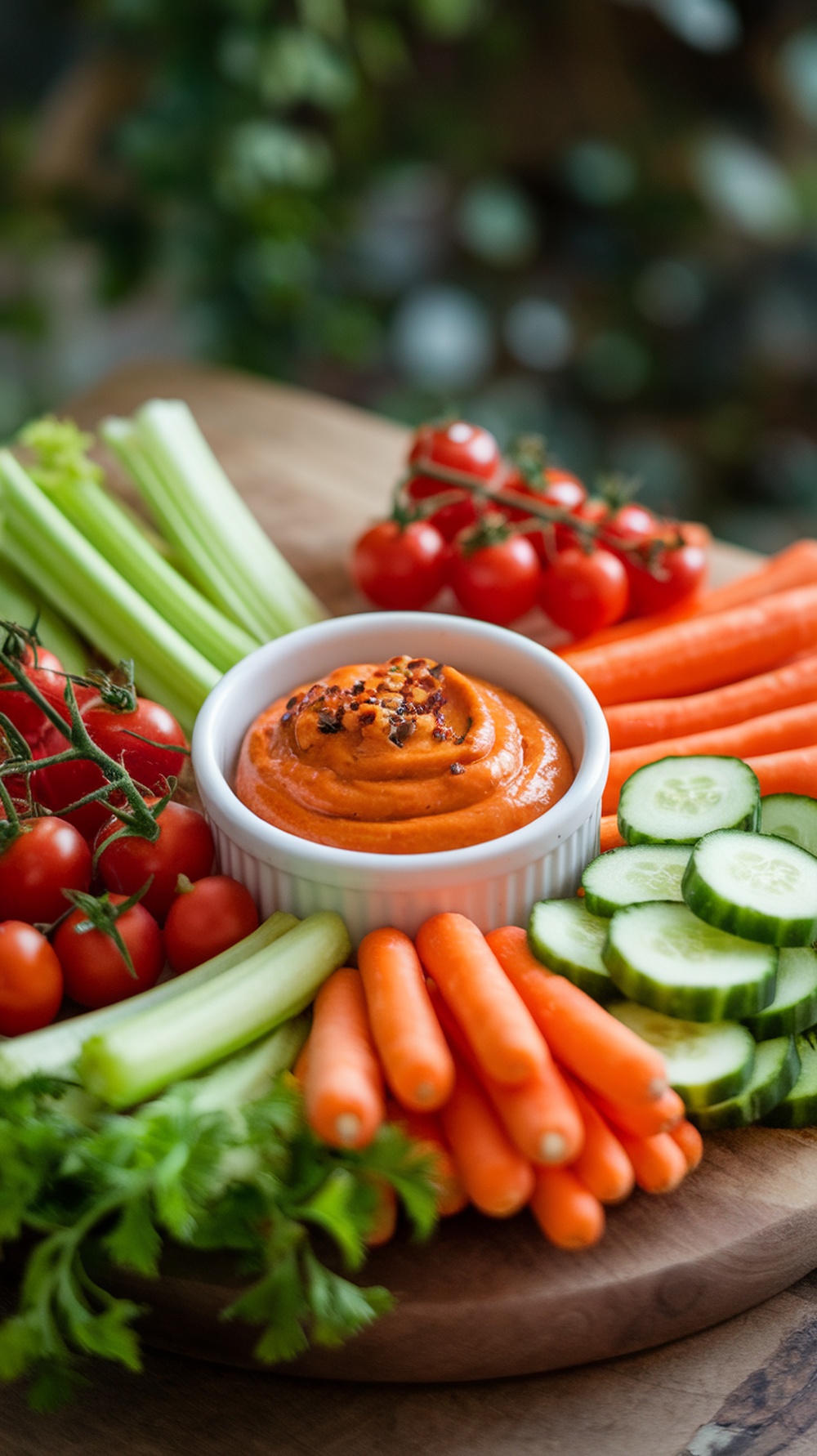 A bowl of spicy chipotle mayonnaise surrounded by fresh vegetables like carrots, celery, and cucumbers