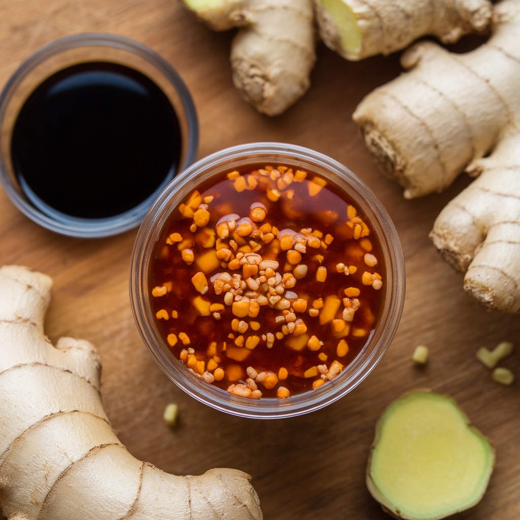Spicy Soy Ginger Marinade in a bowl, surrounded by fresh ginger roots