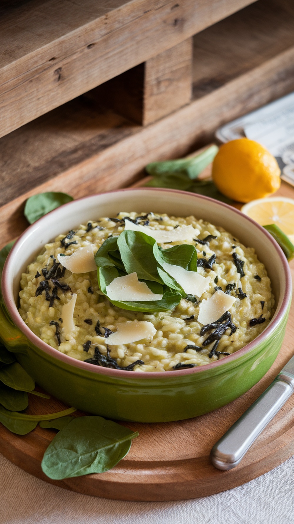 A creamy spinach and ricotta risotto in a green bowl, garnished with spinach leaves and Parmesan cheese, with a lemon on the side.