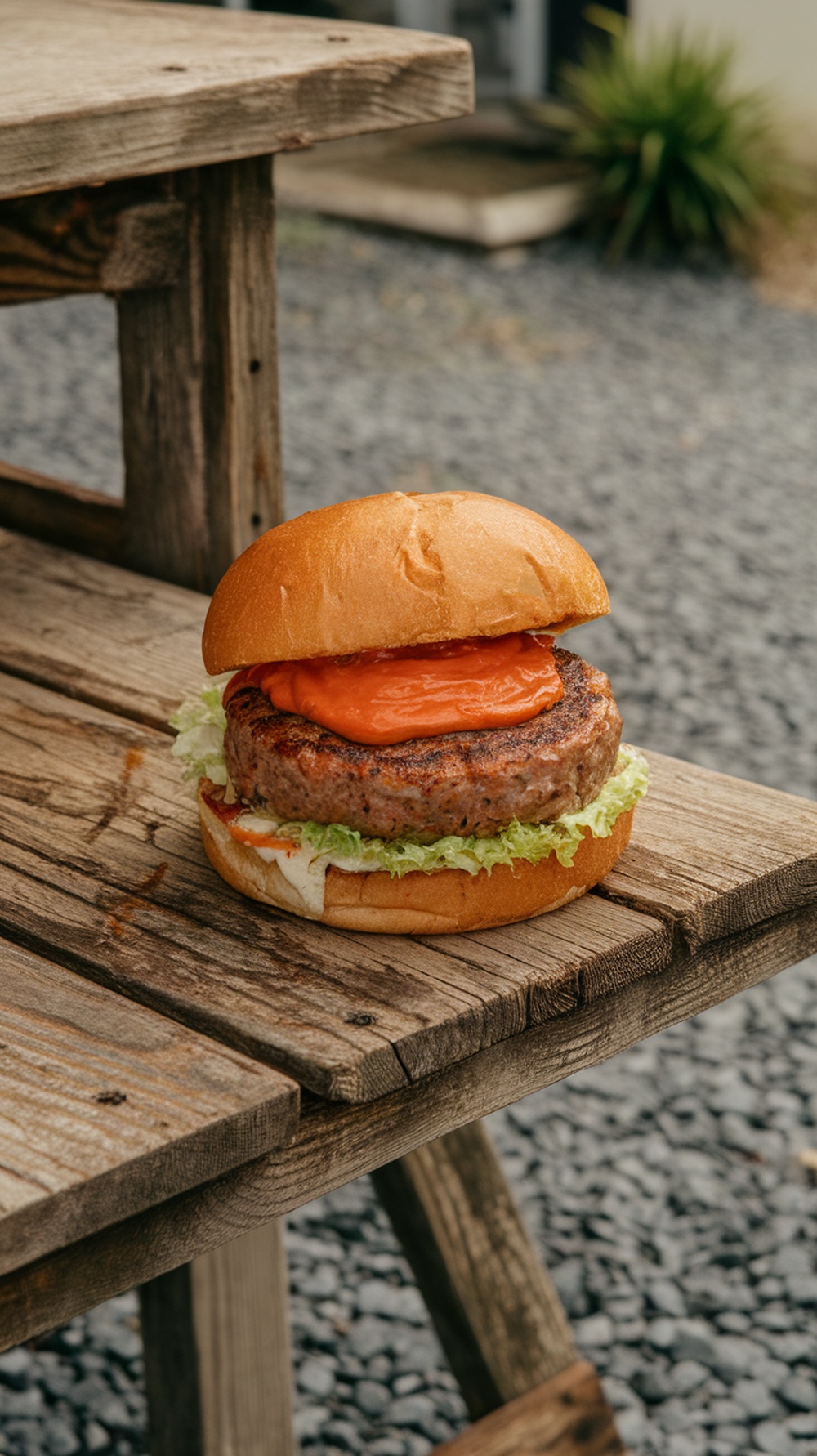 A delicious burger with lettuce, a beef patty, and sriracha mayonnaise, sitting on a rustic wooden table.