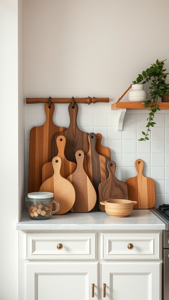 A collection of wooden chopping boards in various shapes and sizes displayed on a kitchen counter.