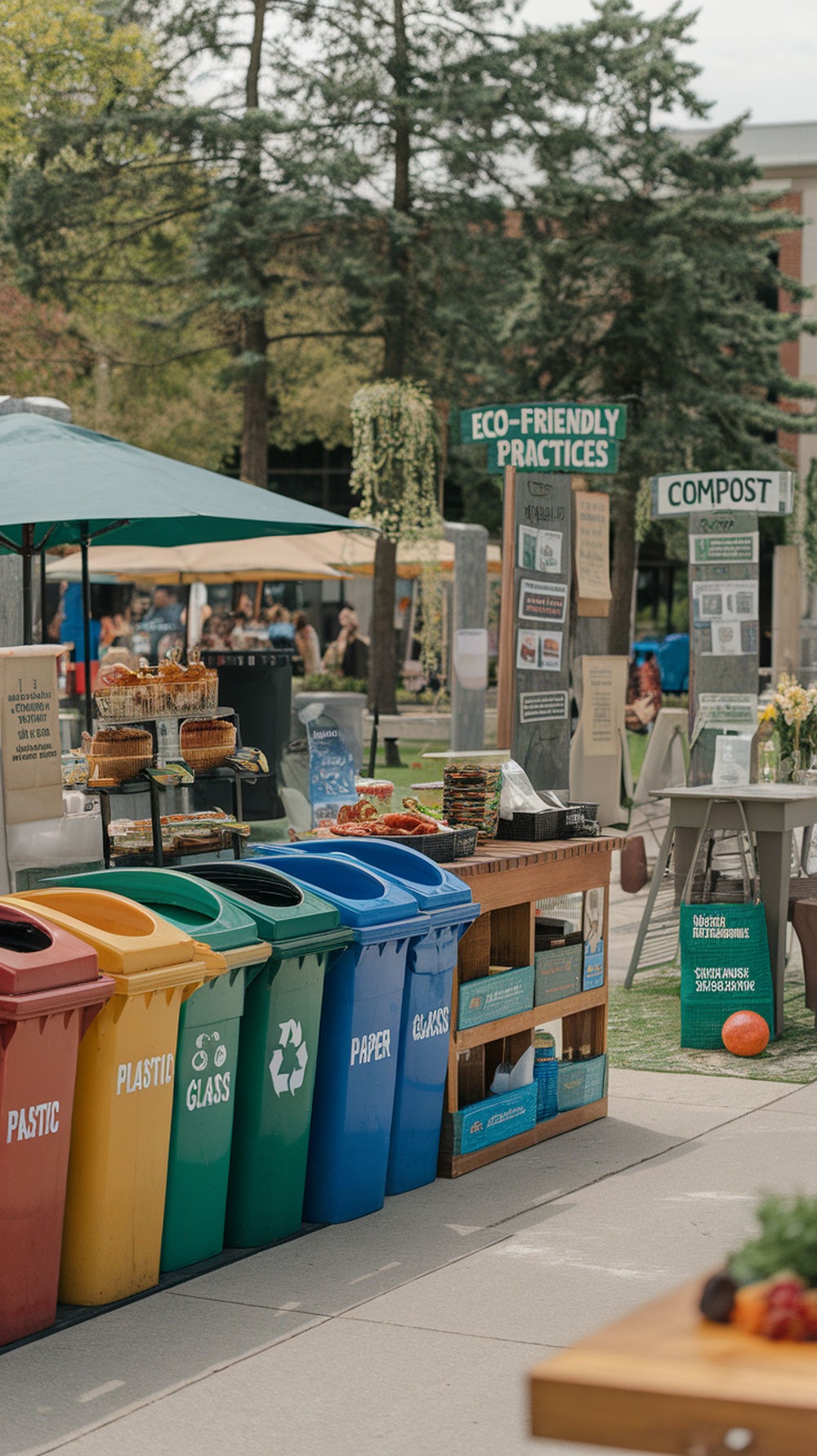 Image showing colorful recycling bins and eco-friendly signage at a local food festival.