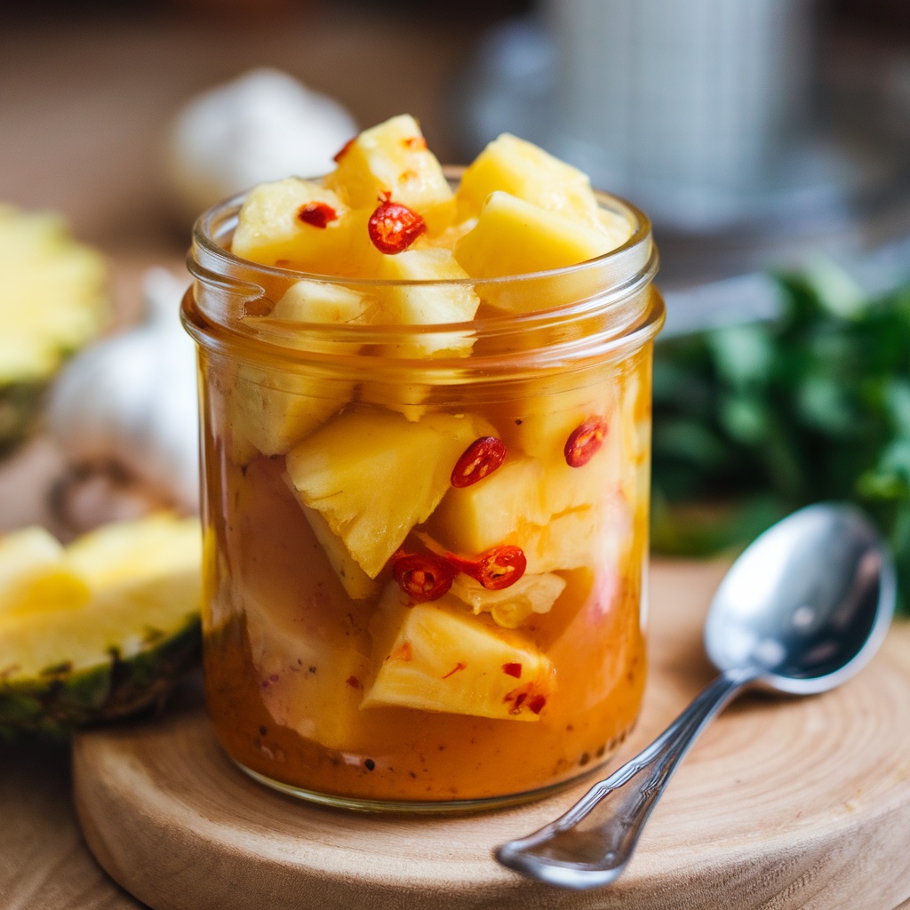 A jar of sweet and spicy pineapple marinade with pineapple chunks and red chili peppers