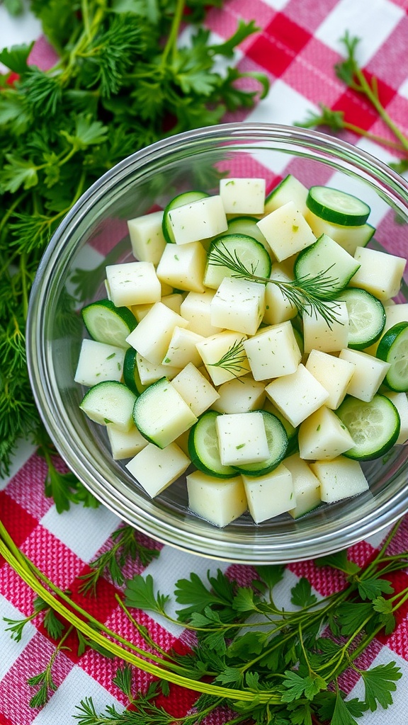 Tangy cucumber salad with dill, featuring cucumber slices and cheese cubes in a bowl